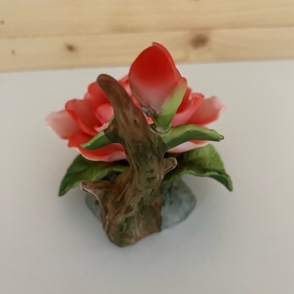 Vintage Coral Pink Porcelain Rose Figurine on Branch with Leaves Blooming Rose - Picture 5 of 9